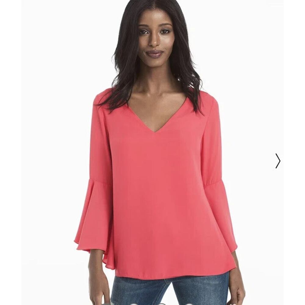 White House Black Market Women's size 0 Coral Elsa Drape Back Blouse Bell Sleeve
